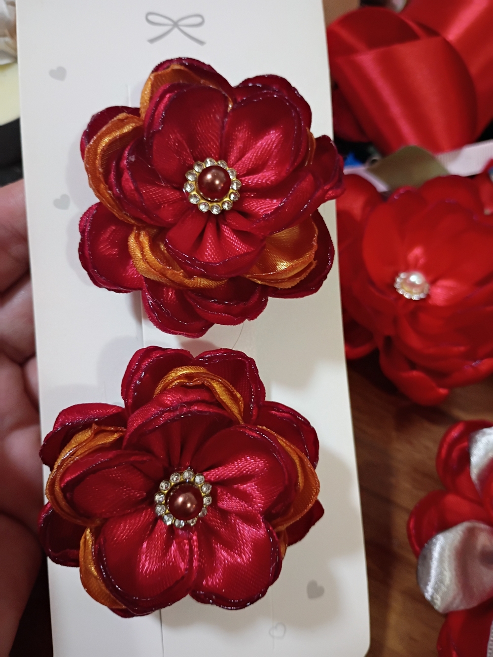 Red Satin Flower Hair Clips with Gold Accents